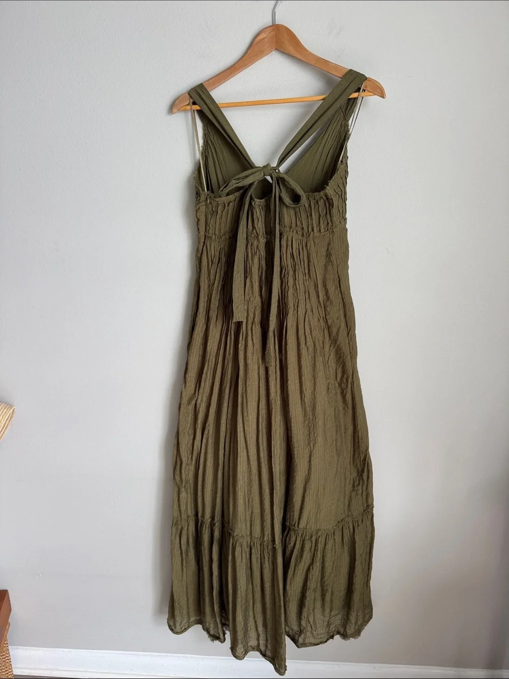 Free People Frankie Pintuck Maxi Dress Olive Green Boho Open Back S